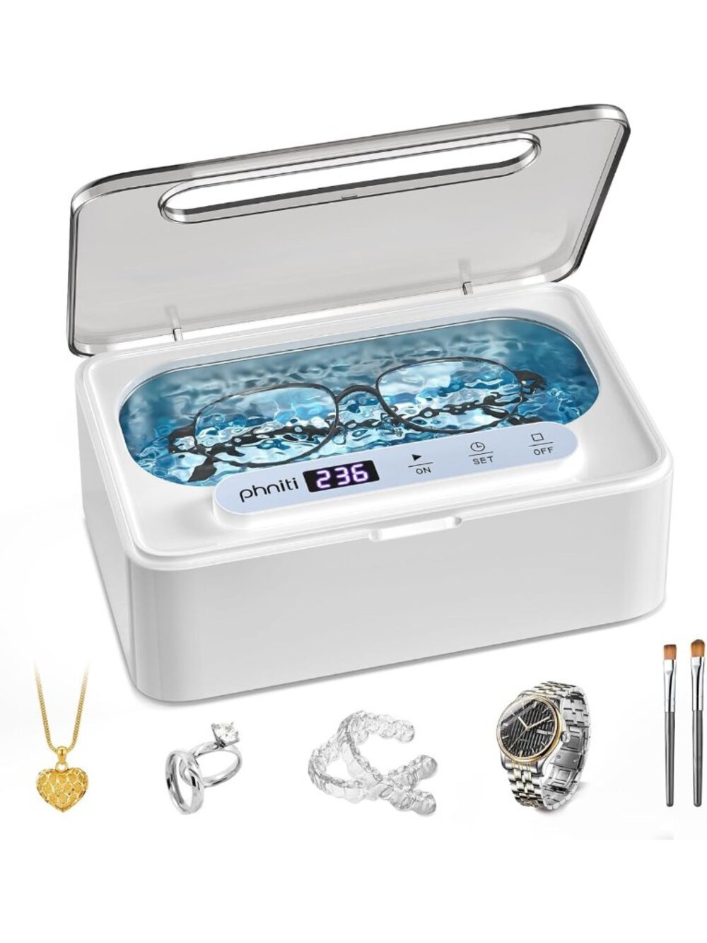 12oz Ultrasonic Jewelry Cleaner for Glasses, Watches, Rings & Dentures - White
